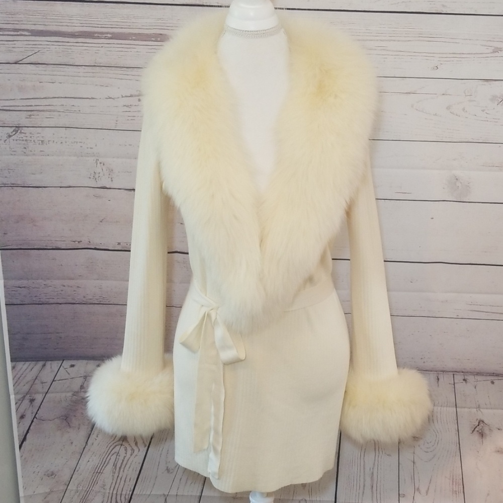 Nicole Miller Creme Cardigan with Fox Fur